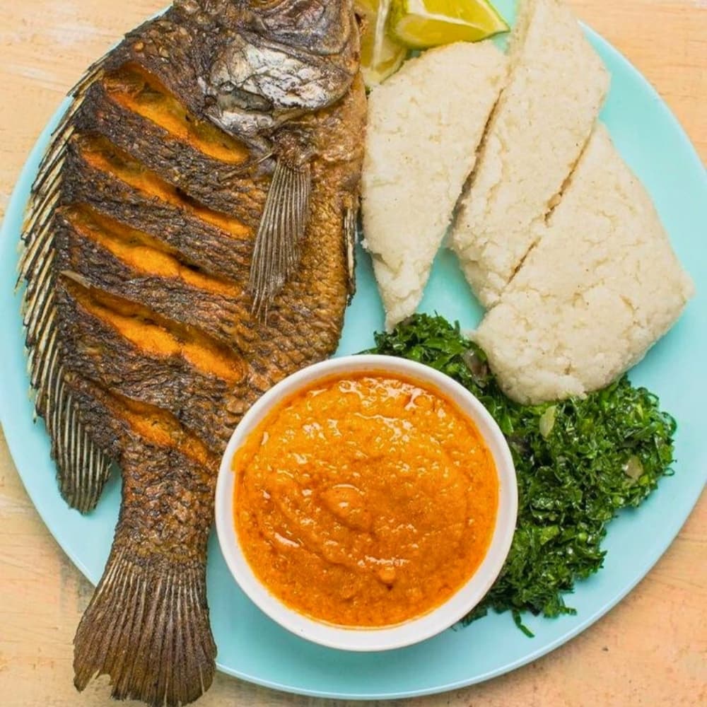 Ugali, Fish Stew & Greens